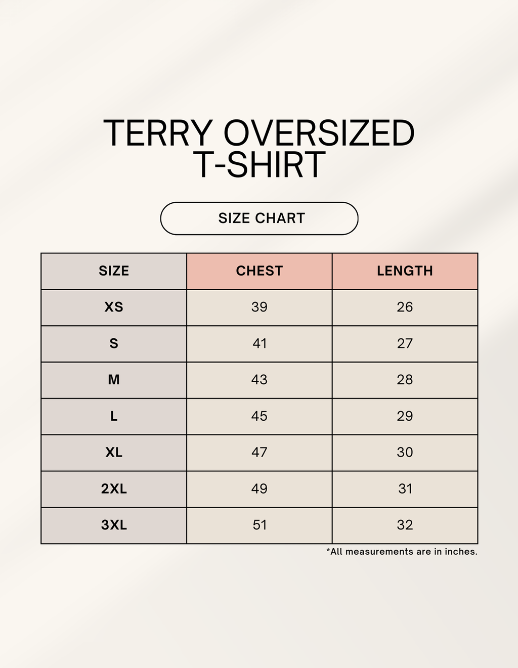 Size chart for LOW BATTERY terry oversized tee