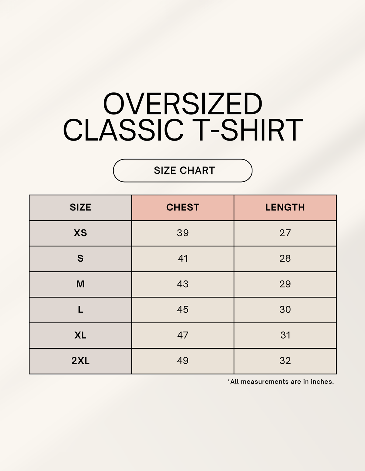 Size chart for LOW BATTERY classic oversized tee