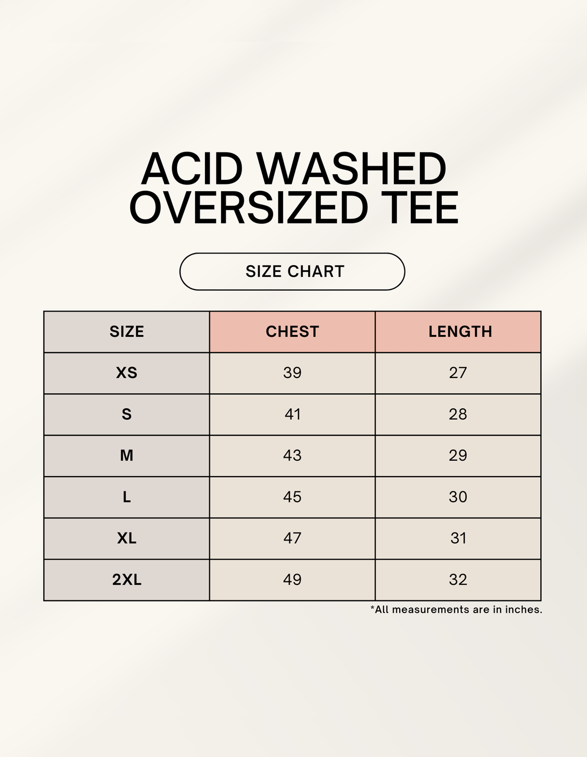 Size chart for LOW BATTERY acid wash oversized tee