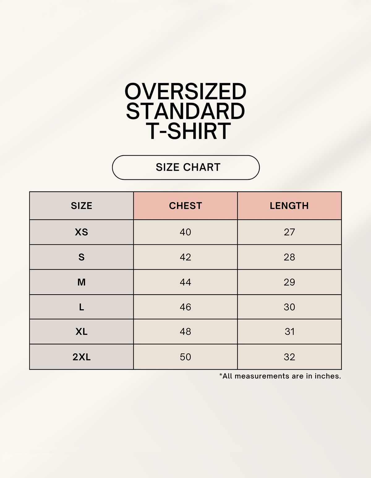 Size chart for LOW BATTERY standard oversized tee