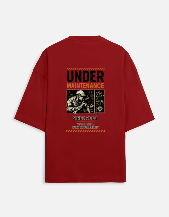 Under Maintenance burnout graphic terry oversized tee, red, back view
