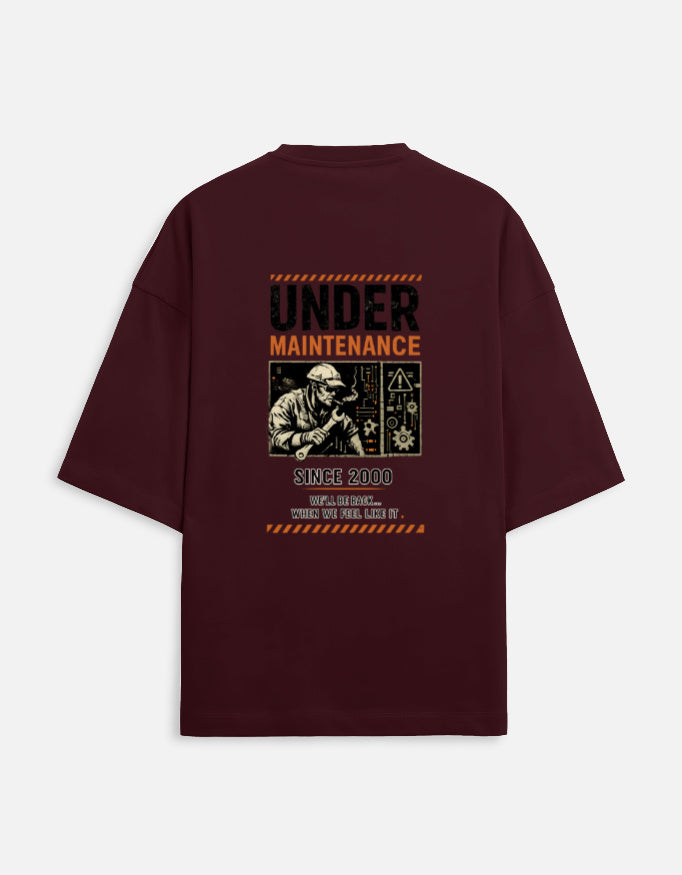 Under Maintenance burnout graphic terry oversized tee, maroon, back view