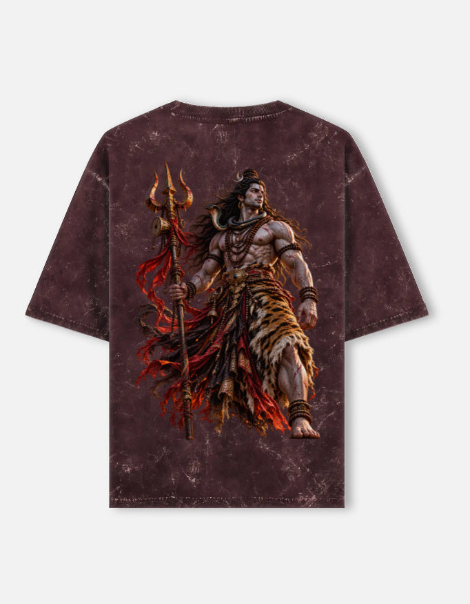Mahadev Shiva trishul acid wash oversized tee, maroon, back view