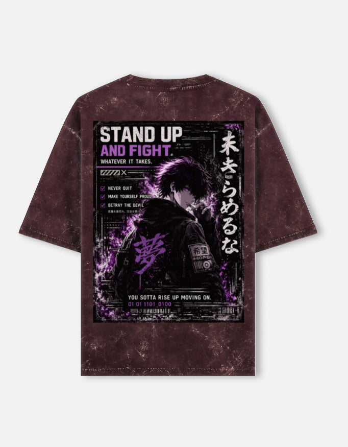 Stand Up And Fight front and back anime acid wash oversized tee, maroon, back view