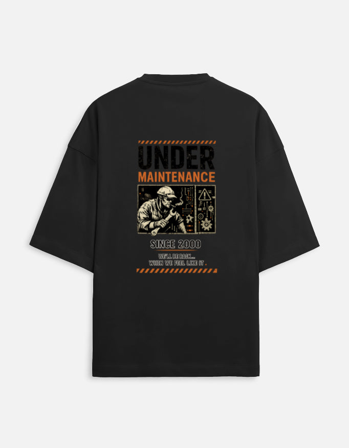 Under Maintenance burnout graphic terry oversized tee, black, back view