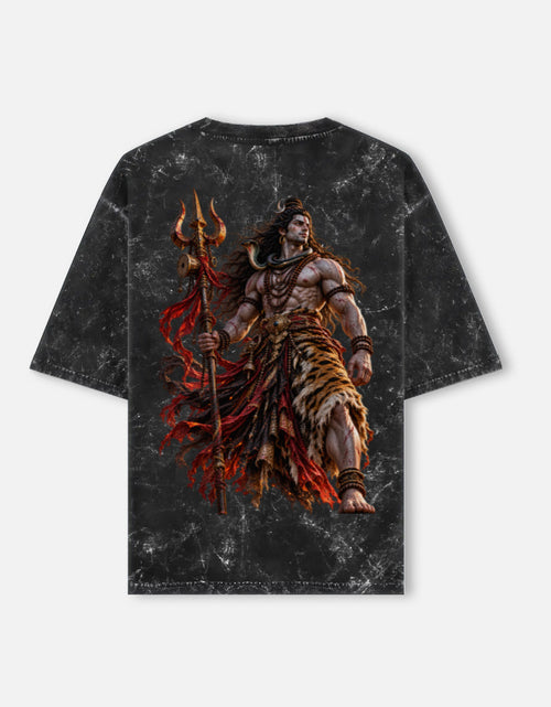 Mahadev Shiva trishul acid wash oversized tee, black, back view
