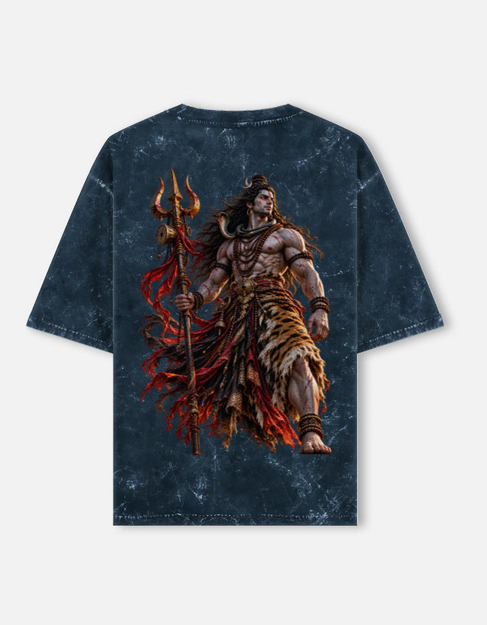 Mahadev Shiva trishul acid wash oversized tee, navy blue, back view