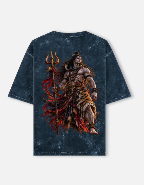 Mahadev Shiva trishul acid wash oversized tee, navy blue, back view