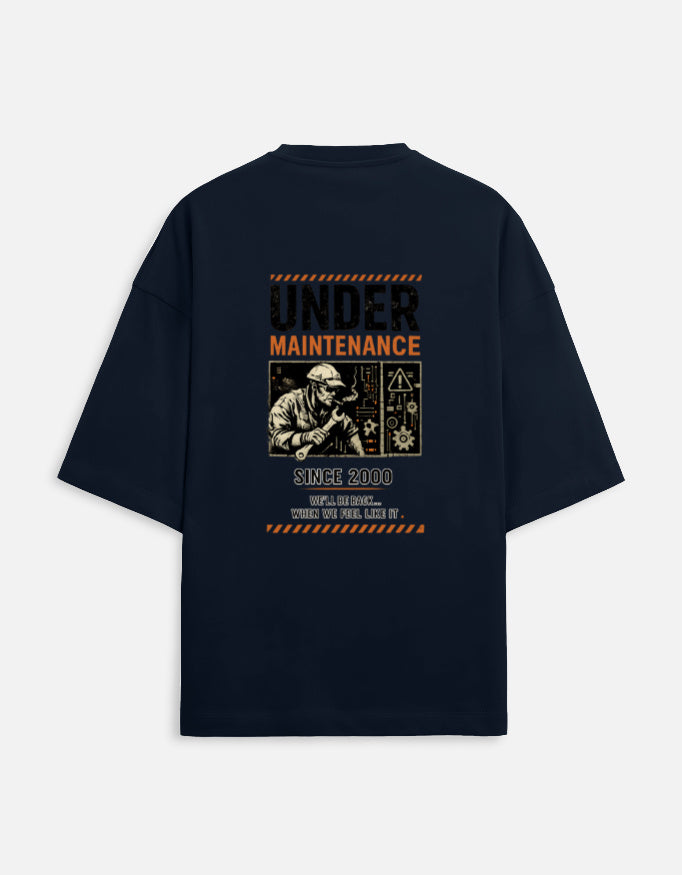 Under Maintenance burnout graphic terry oversized tee, navy blue, back view