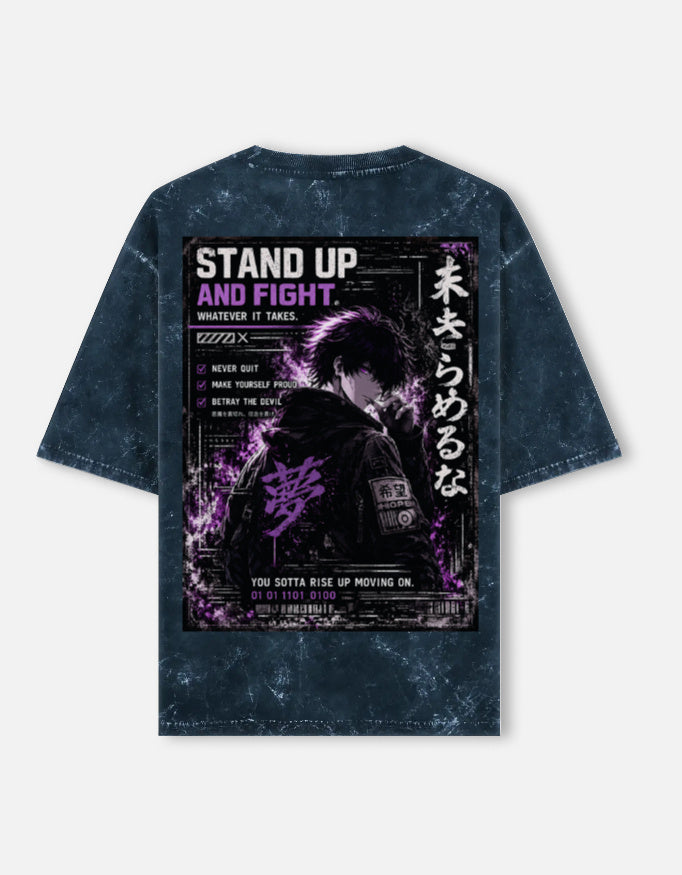 Stand Up And Fight front and back anime acid wash oversized tee, navy blue, back view