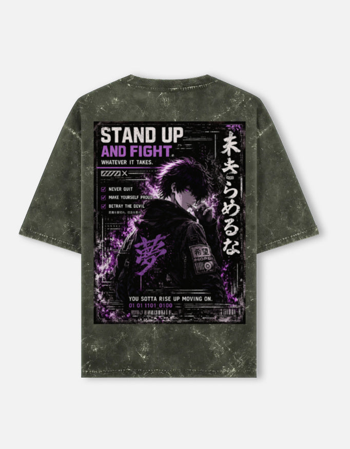 Stand Up And Fight front and back anime acid wash oversized tee, olive green, back view