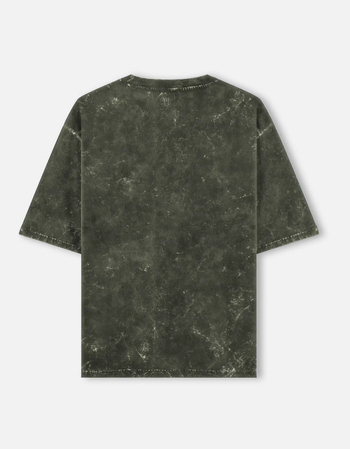 Dhanurdhar golden archer acid wash oversized tee, olive green, back view