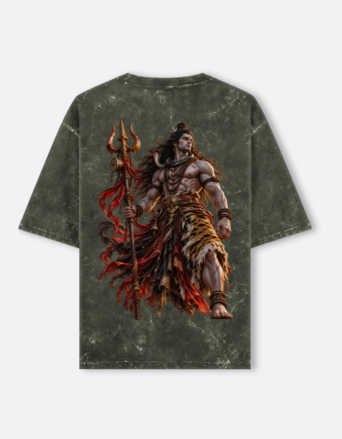 Mahadev Shiva trishul acid wash oversized tee, olive green, back view