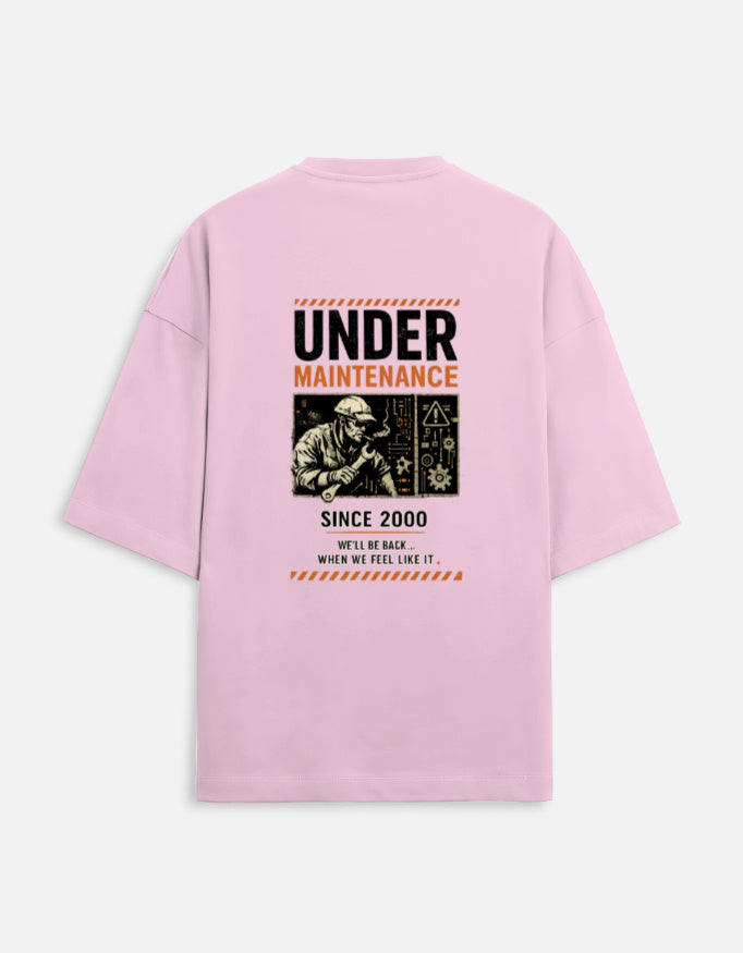 Under Maintenance burnout graphic terry oversized tee, light baby pink, back view