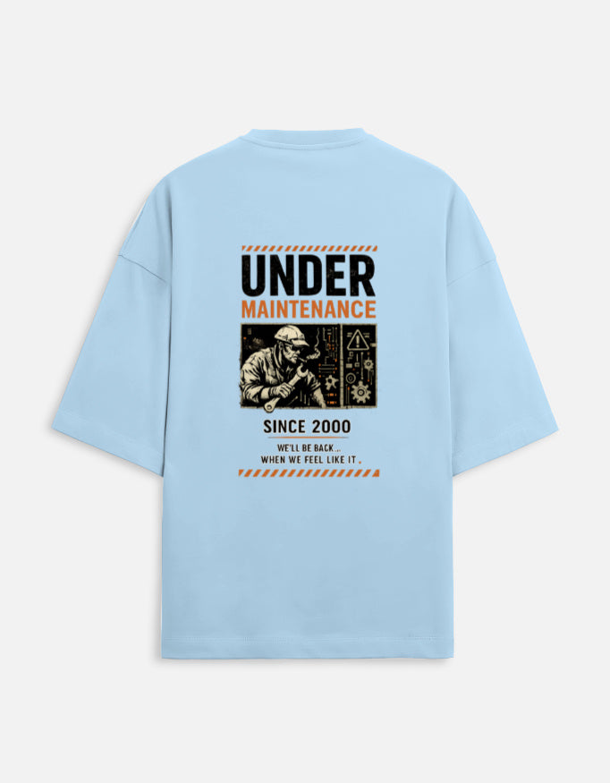 Under Maintenance burnout graphic terry oversized tee, baby blue, back view