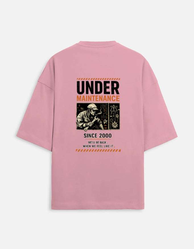 Under Maintenance burnout graphic terry oversized tee, flamingo, back view