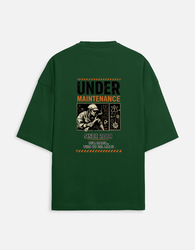 Under Maintenance burnout graphic terry oversized tee, bottle green, back view