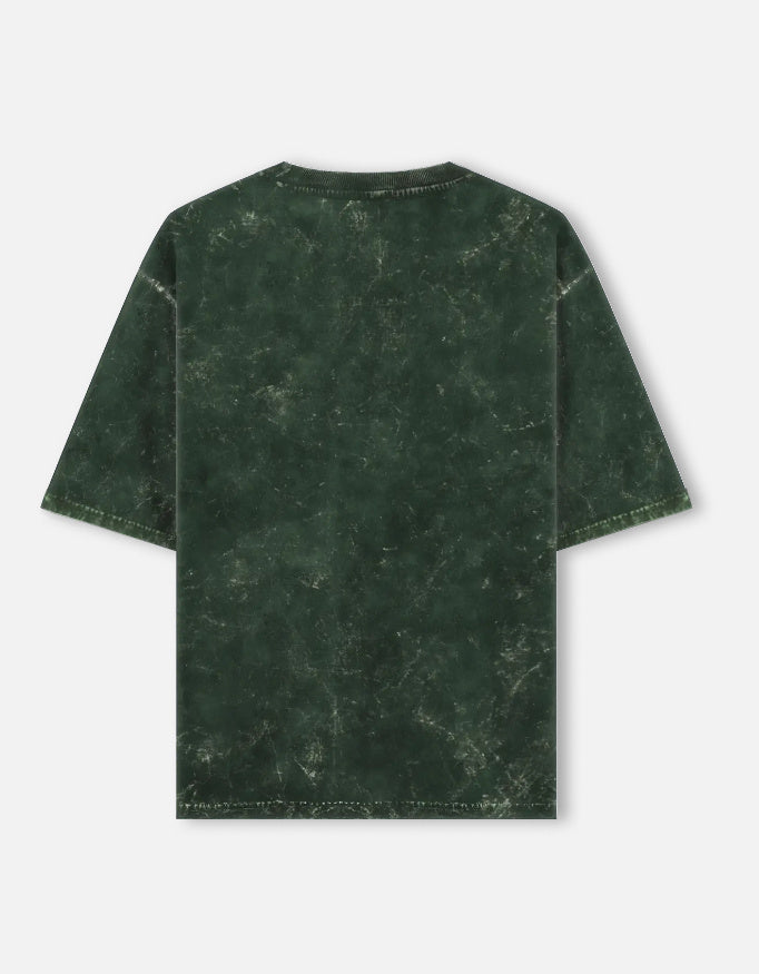 Vishwaroop cosmic Vishnu acid wash oversized tee, bottle green, back view