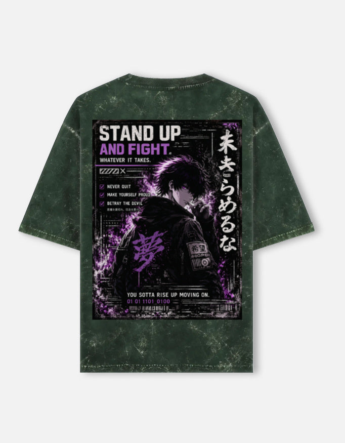 Stand Up And Fight front and back anime acid wash oversized tee, bottle green, back view