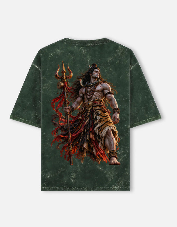 Mahadev Shiva trishul acid wash oversized tee, bottle green, back view
