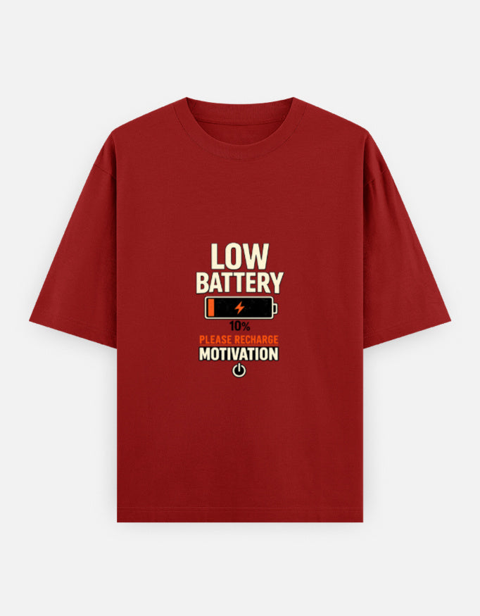 Running On Motivation Low Battery classic oversized tee, red, front view