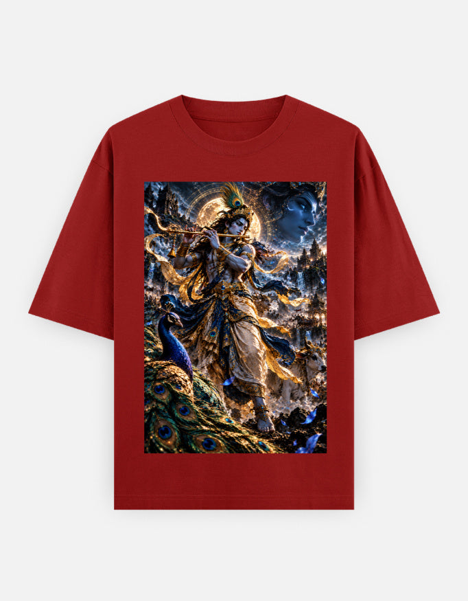 Murlidhar Krishna peacock classic oversized tee, red, front view