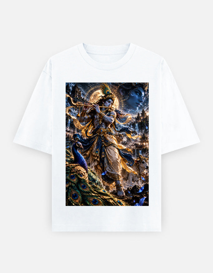 Murlidhar Krishna peacock classic oversized tee, white, front view