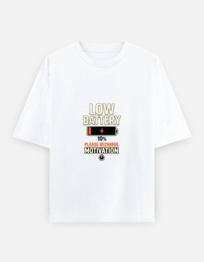 Running On Motivation Low Battery classic oversized tee, white, front view