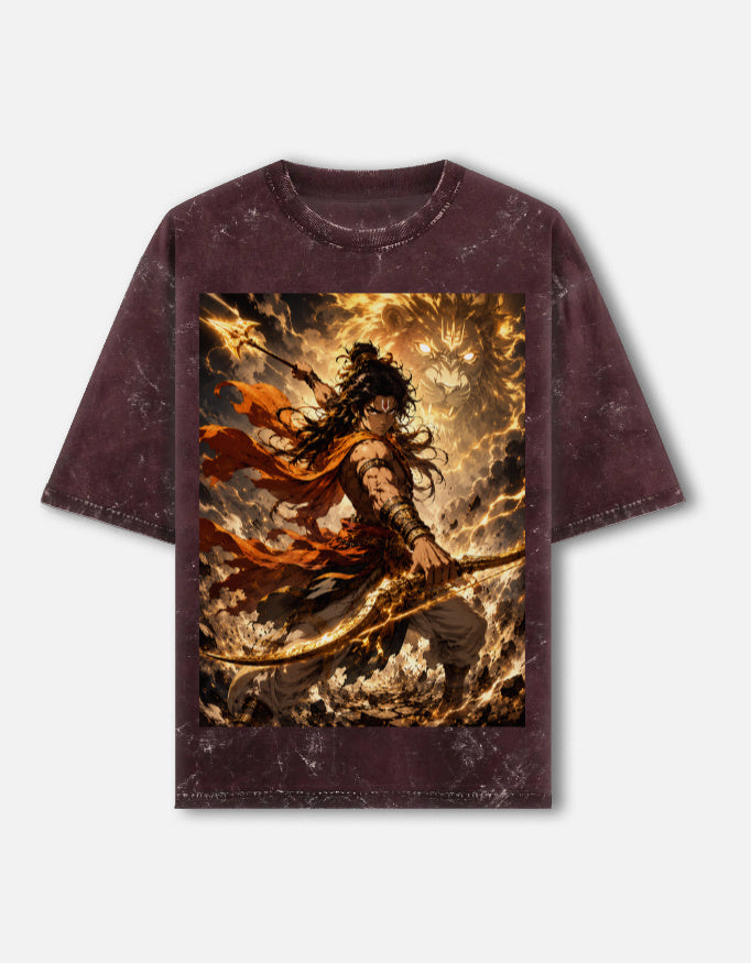 Pralay fire archer acid wash oversized tee, maroon, front view