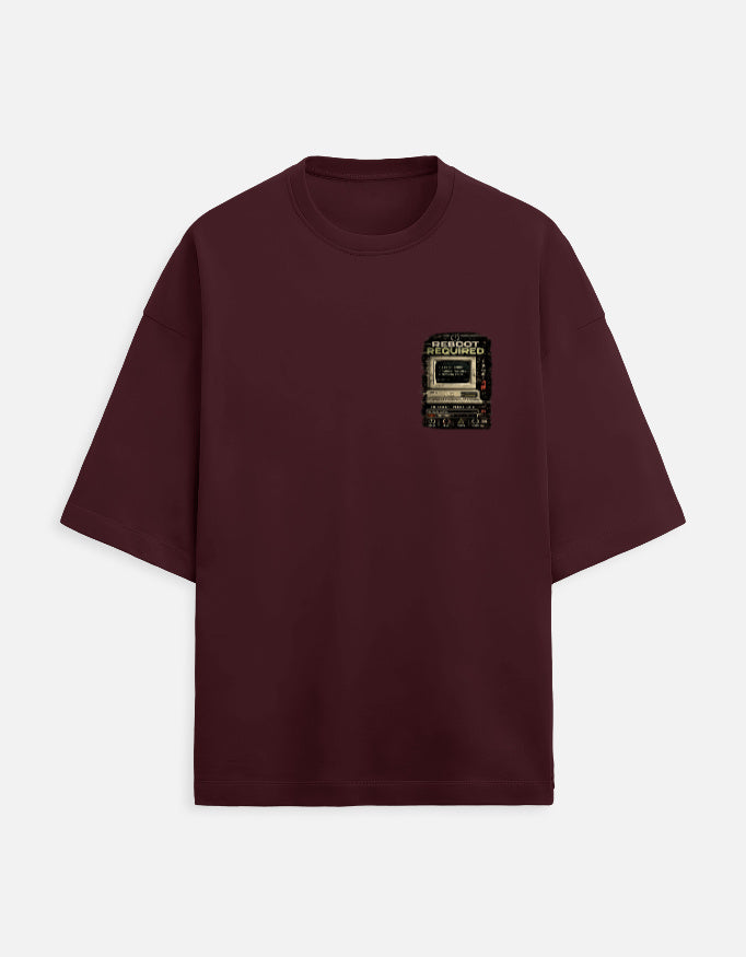 Under Maintenance burnout graphic terry oversized tee, maroon, front view