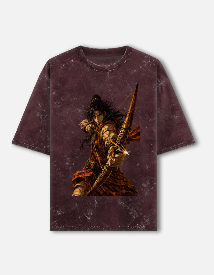 Dhanurdhar golden archer acid wash oversized tee, maroon, front view
