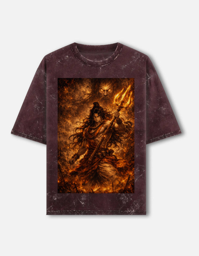 Agnipath fire warrior acid wash oversized tee, maroon, front view