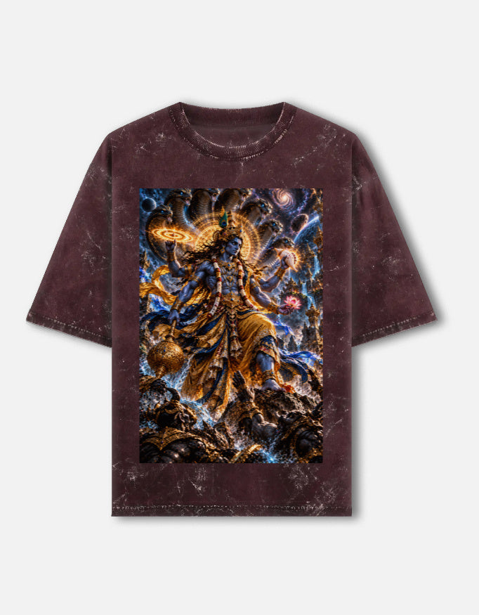 Vishwaroop cosmic Vishnu acid wash oversized tee, maroon, front view