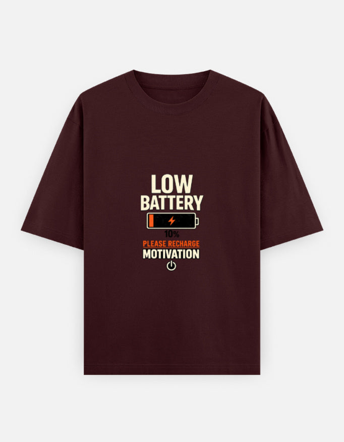 Running On Motivation Low Battery classic oversized tee, maroon, front view