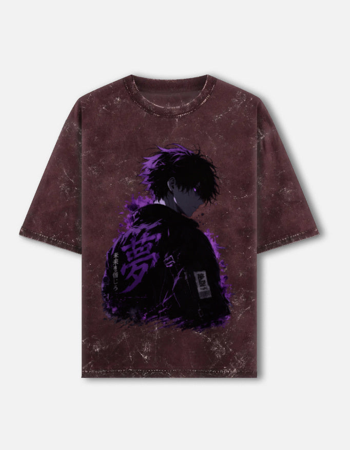 Stand Up And Fight front and back anime acid wash oversized tee, maroon, front view