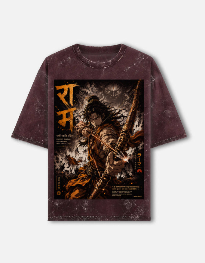 Ram mythology poster acid wash oversized tee, maroon, front view