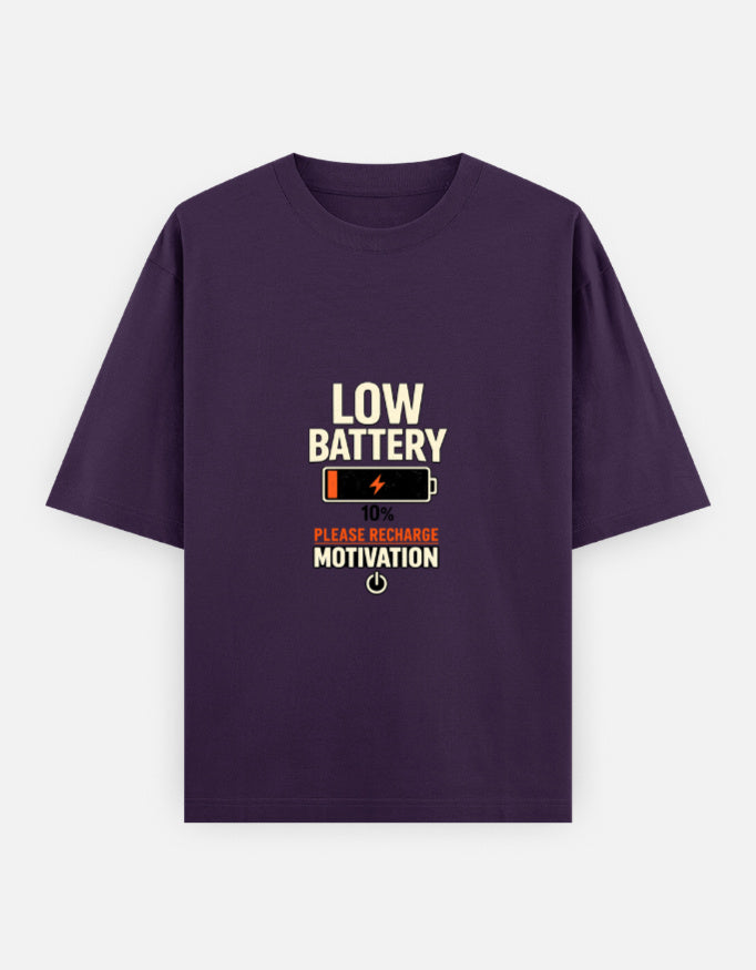 Running On Motivation Low Battery classic oversized tee, purple, front view