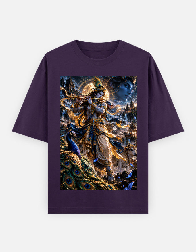 Murlidhar Krishna peacock classic oversized tee, purple, front view