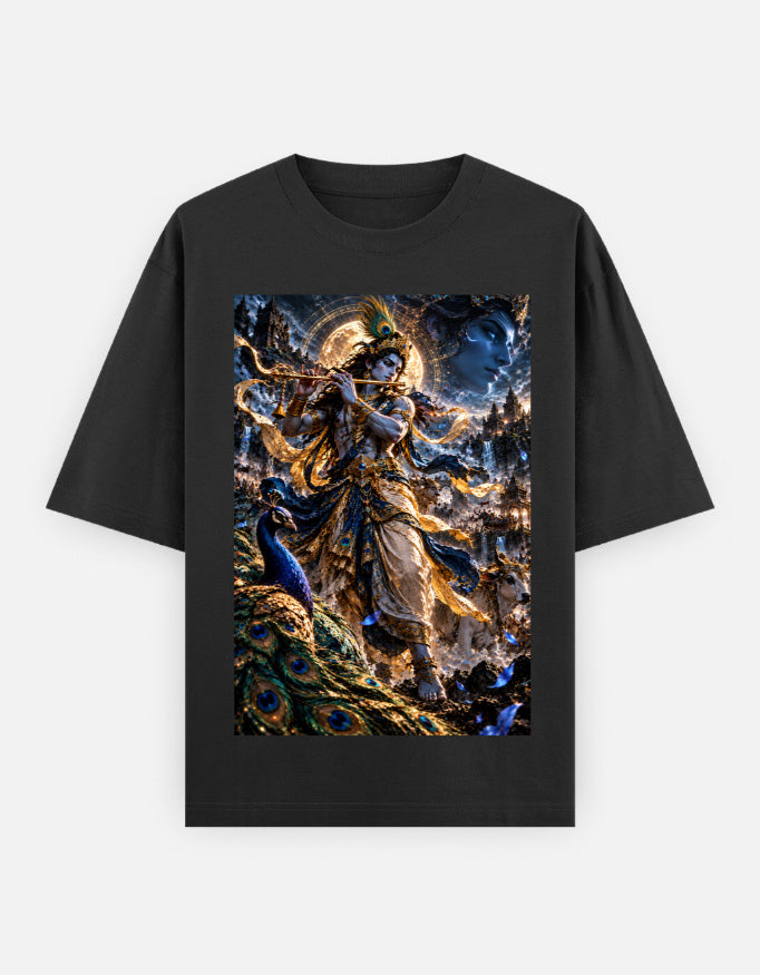 Murlidhar Krishna peacock classic oversized tee, black, front view