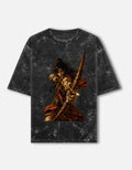 Dhanurdhar golden archer acid wash oversized tee, black, front view