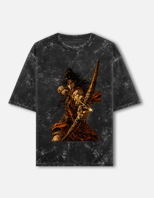 Dhanurdhar golden archer acid wash oversized tee, black, front view