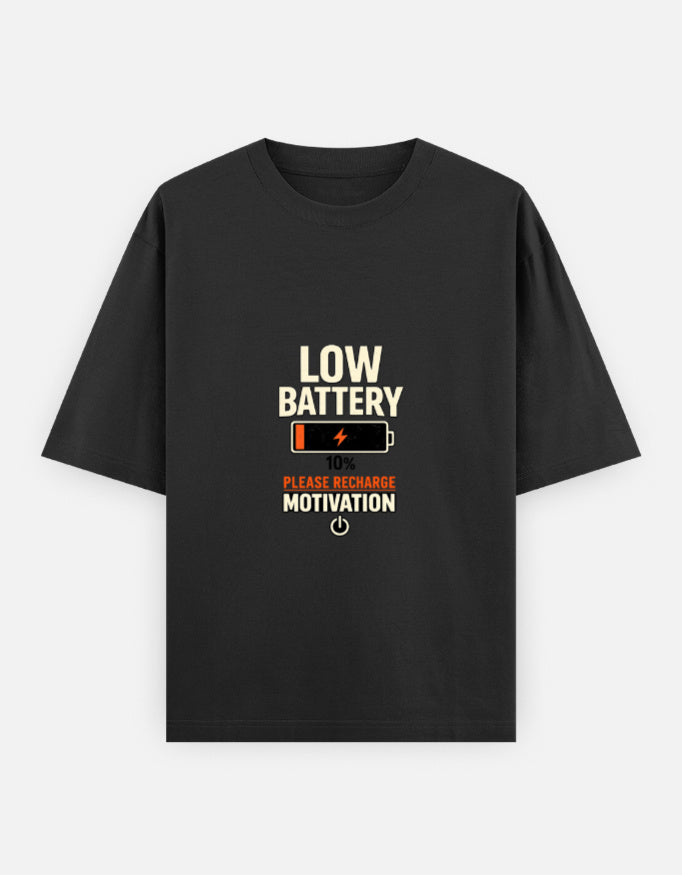 Running On Motivation Low Battery classic oversized tee, black, front view