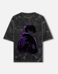 Stand Up And Fight front and back anime acid wash oversized tee, black, front view