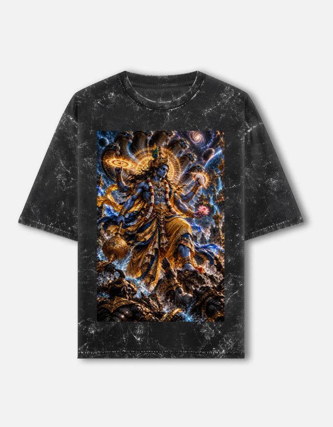 Vishwaroop cosmic Vishnu acid wash oversized tee, black, front view
