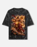Hanuman fire gada acid wash oversized tee, black, front view