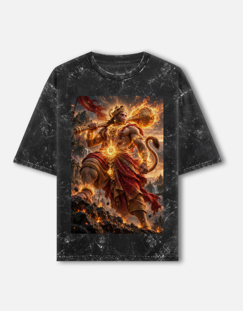 Hanuman fire gada acid wash oversized tee, black, front view