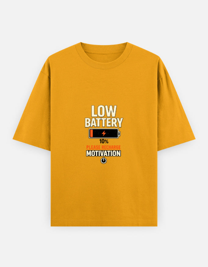 Running On Motivation Low Battery classic oversized tee, golden yellow, front view