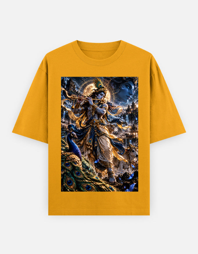 Murlidhar Krishna peacock classic oversized tee, golden yellow, front view