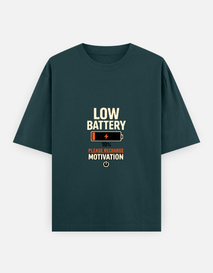 Running On Motivation Low Battery classic oversized tee, petrol blue, front view