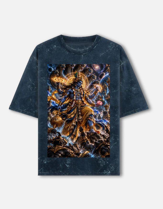 Vishwaroop cosmic Vishnu acid wash oversized tee, navy blue, front view